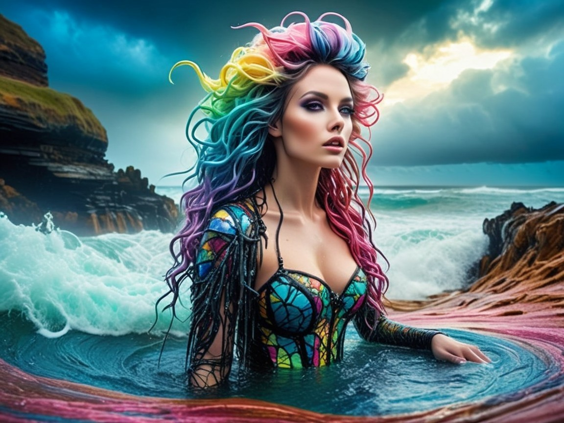 Woman in Vibrant Waters with Colorful Hair and Outfit