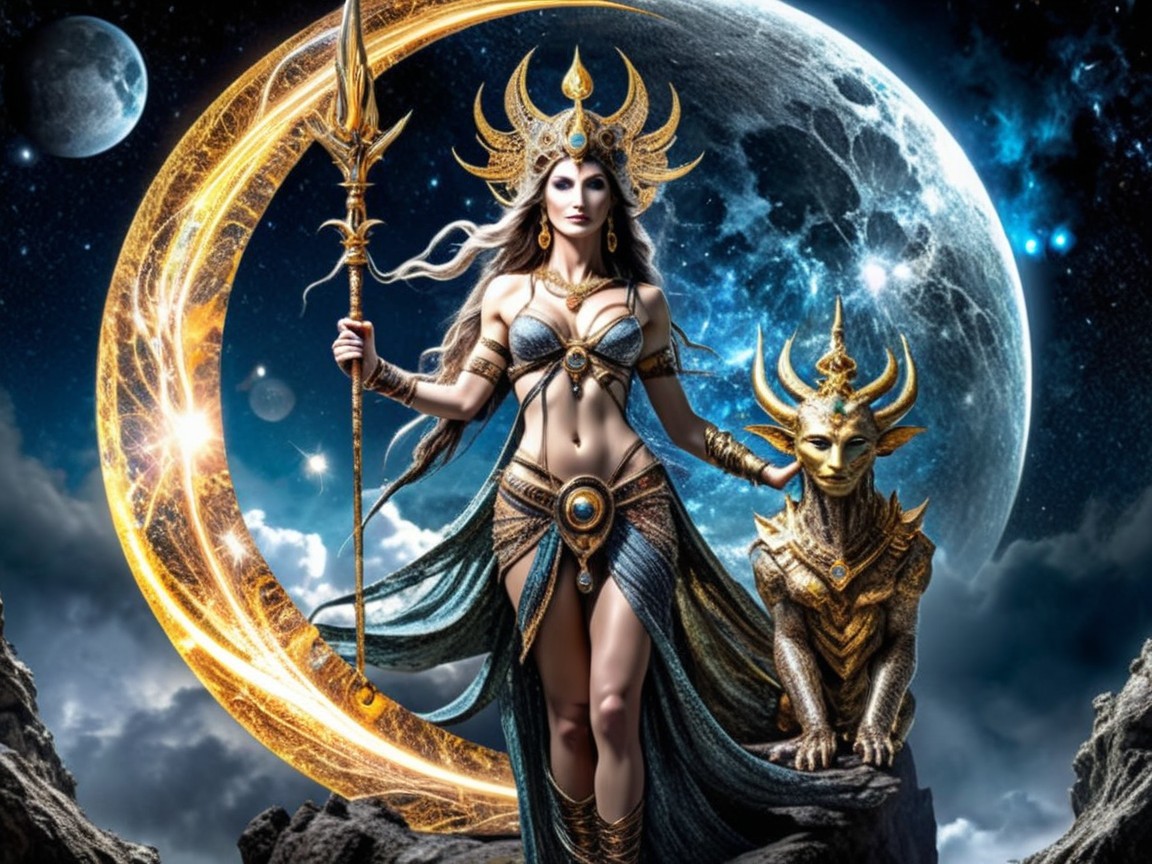 Goddess in Shimmering Outfit with Mystical Backdrop