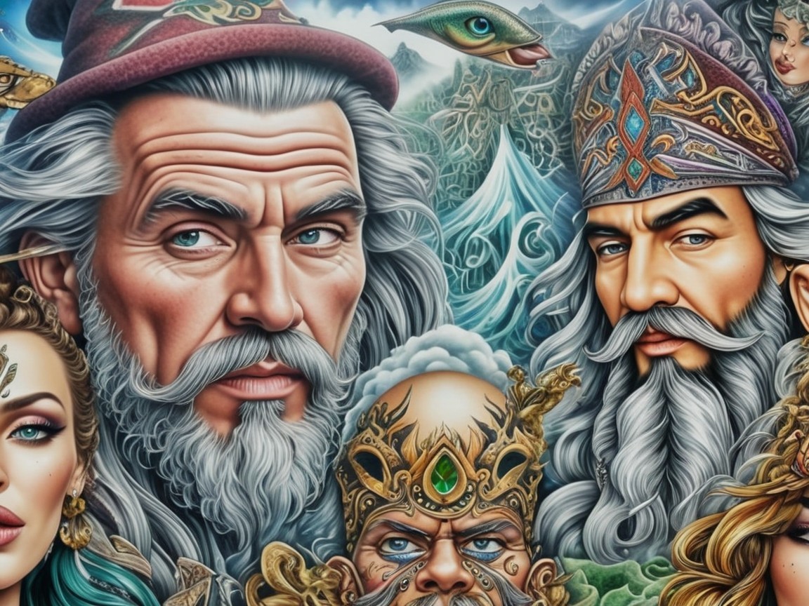 Intricate Illustrations of Bearded Characters in Mythology