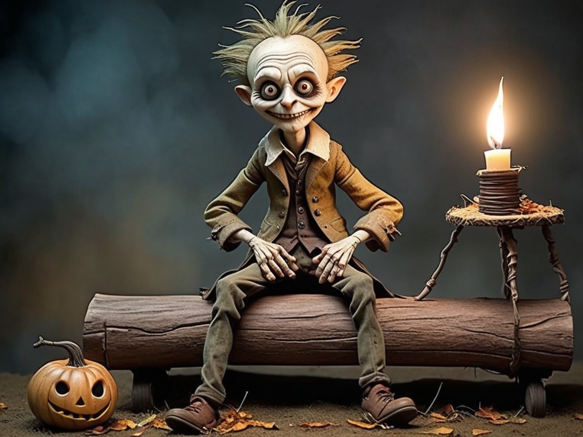 Whimsical Eerie Figure with Pumpkin in Dim Setting