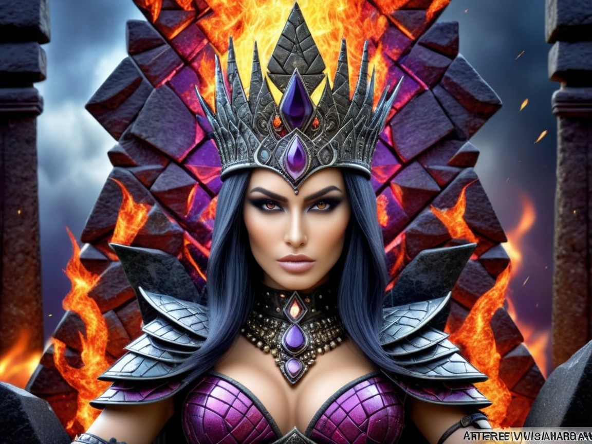 Majestic queen in purple armor on a throne
