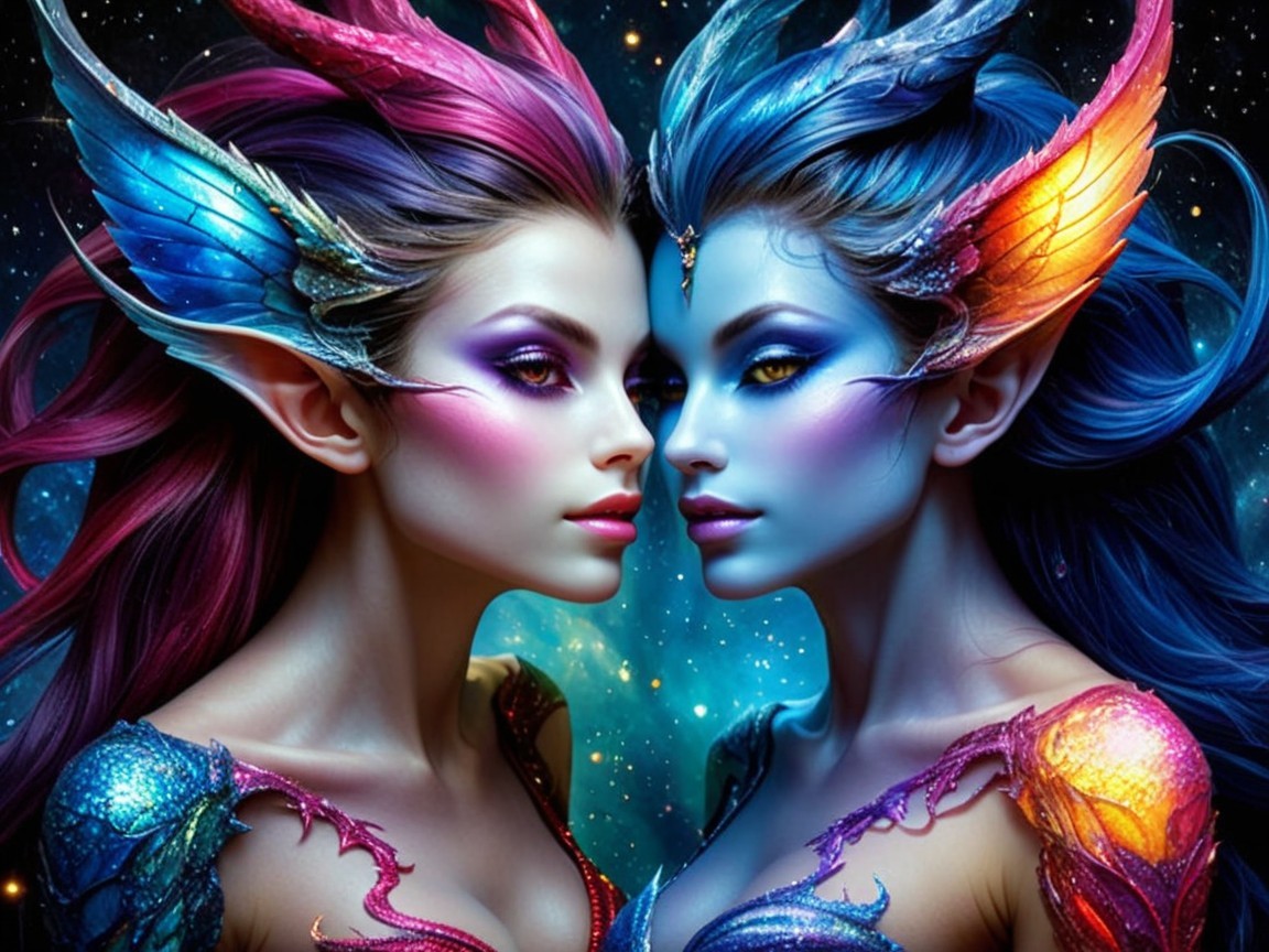 Ethereal Beings with Colorful Hair and Cosmic Background