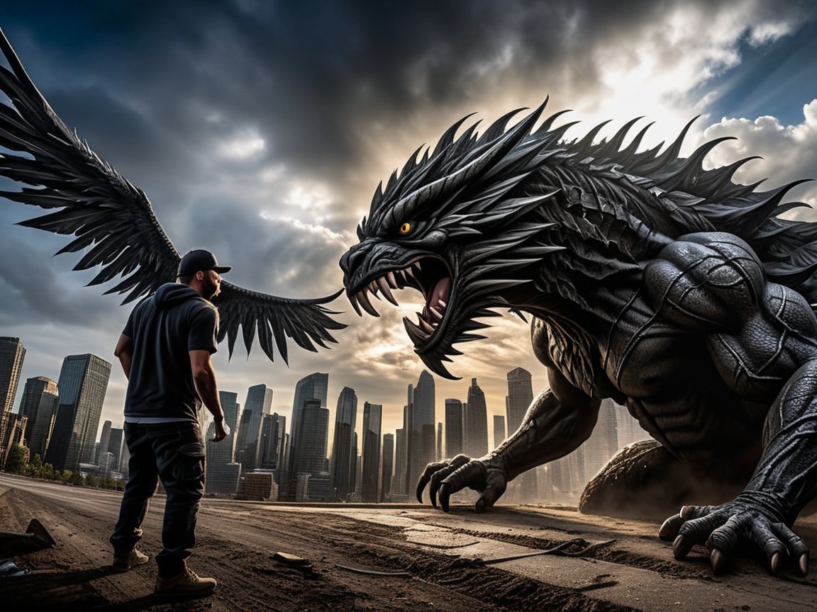 Dragon-like Creature Overlooks Urban Landscape Encounter