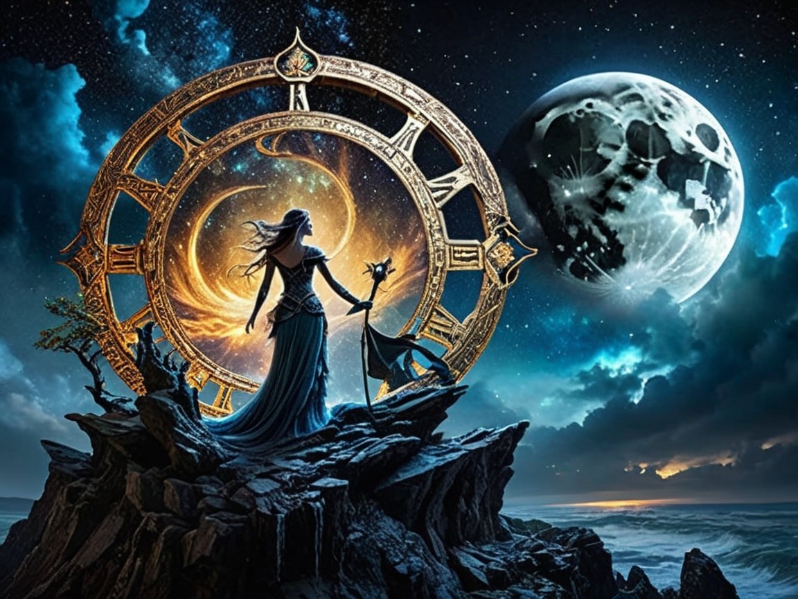 Mystical Figure on Rocky Coastline with Cosmic Scene