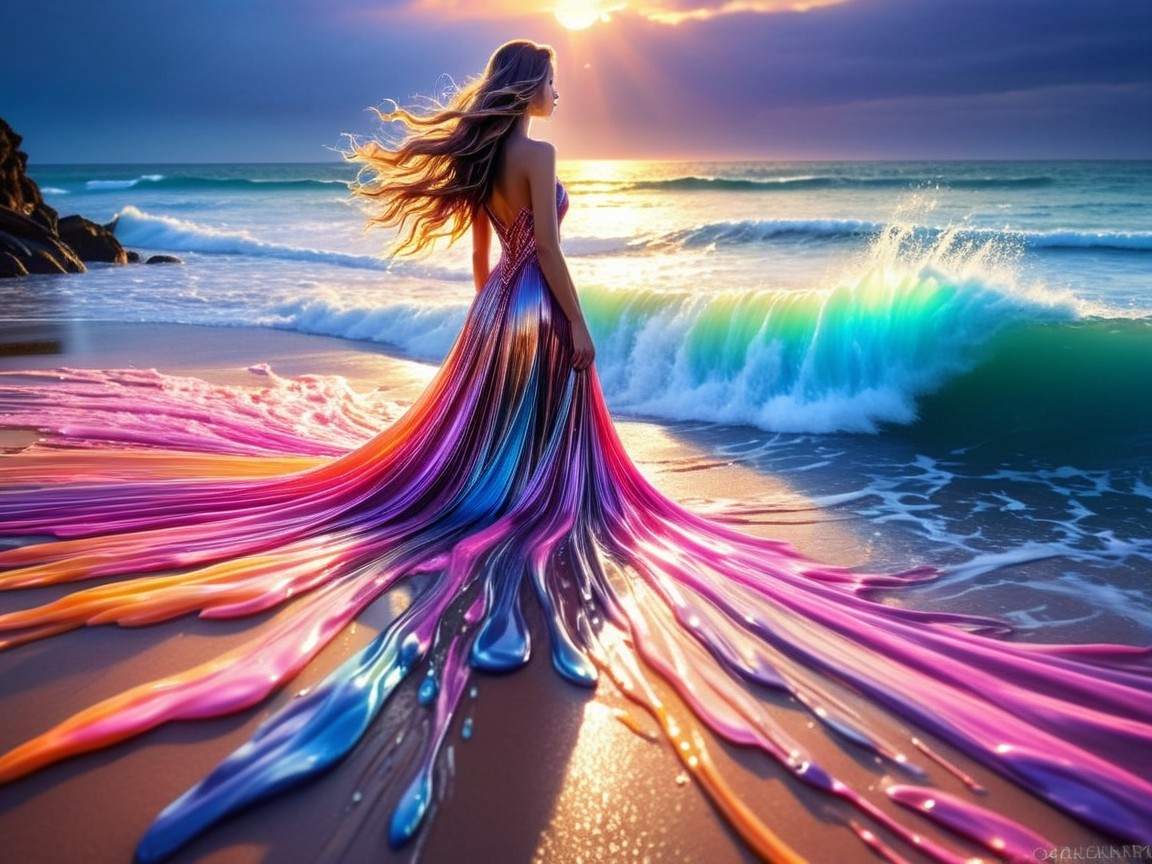 Silhouette of a Woman at Colorful Beach Sunset