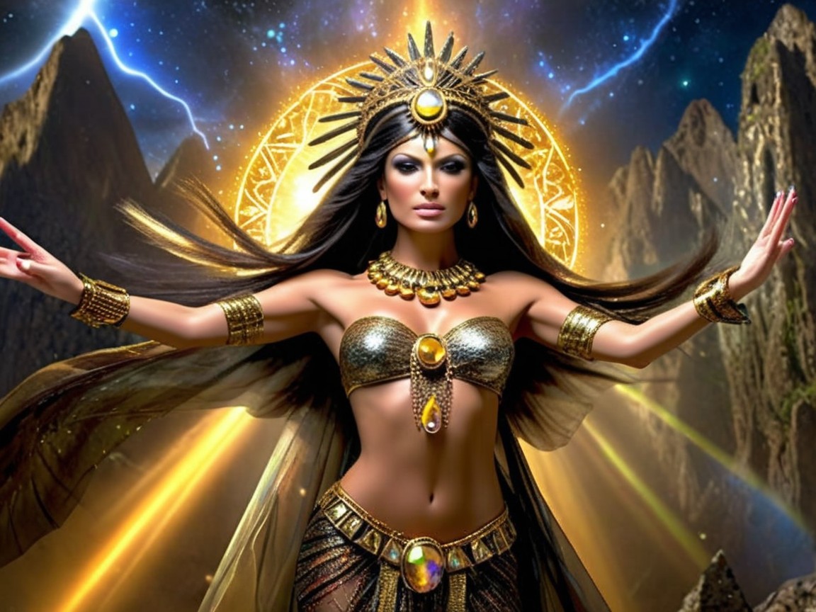 Woman in Golden Attire Against Cosmic Backdrop