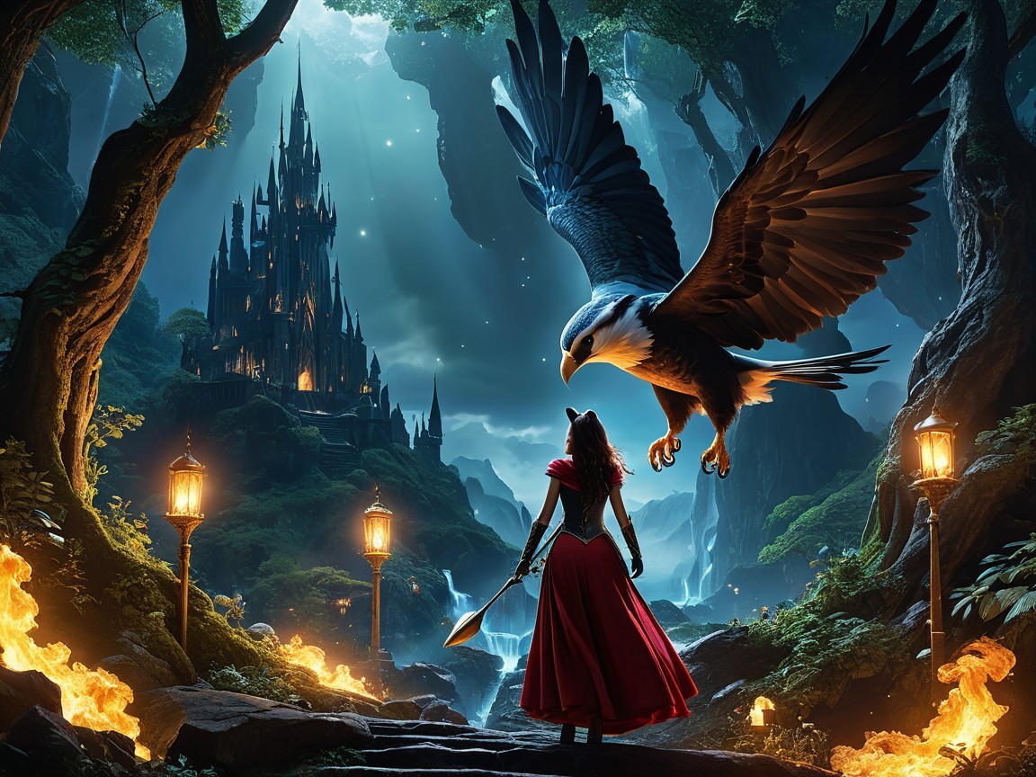 Mysterious figure and castle in a fantasy setting