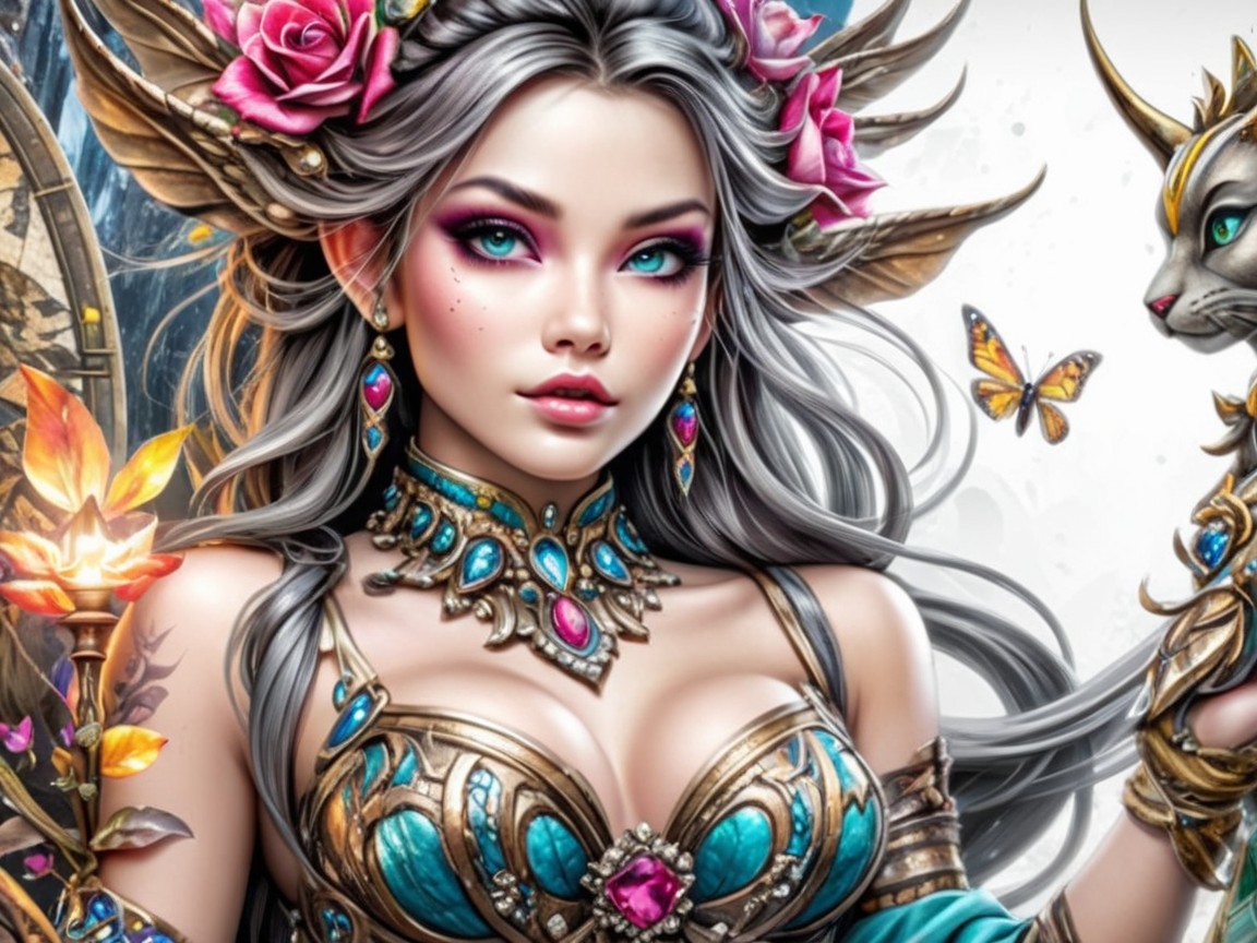 Fantasy Woman with Silver Hair and Turquoise Outfit