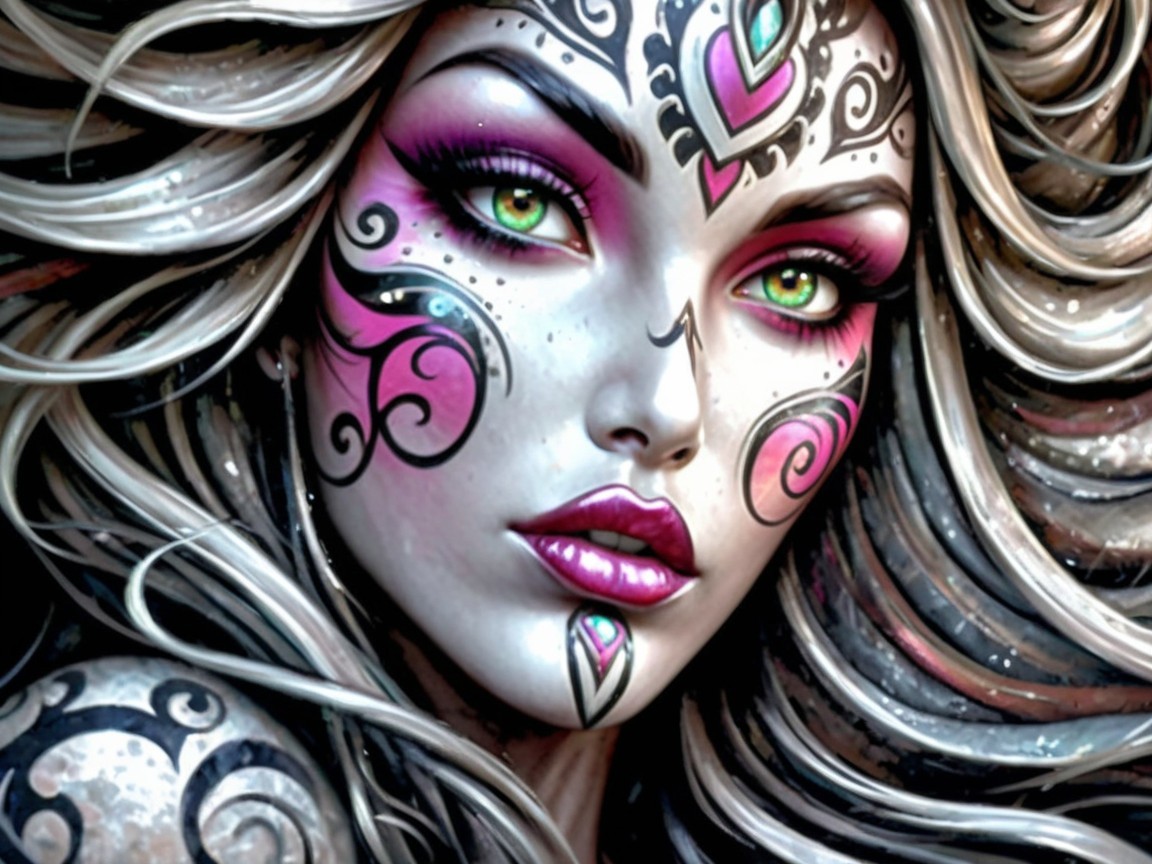 Close-up of a woman with colorful face paint and hair