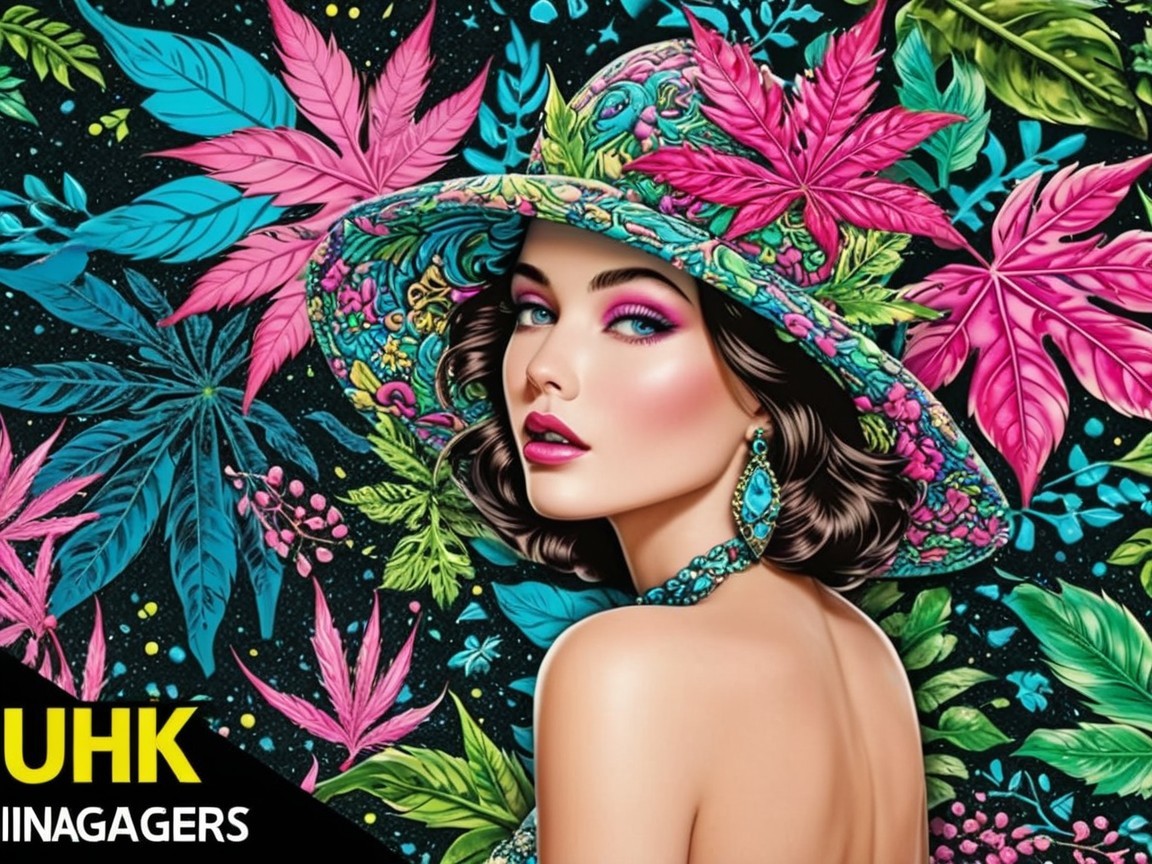 Vibrant Illustration of Woman in Colorful Hat and Leaves