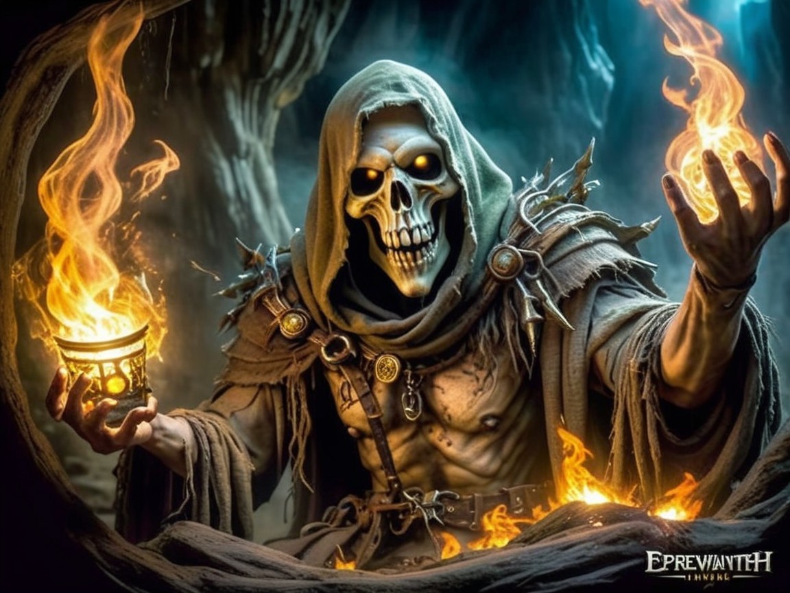 Mysterious Figure in Dark Cave with Fiery Flames