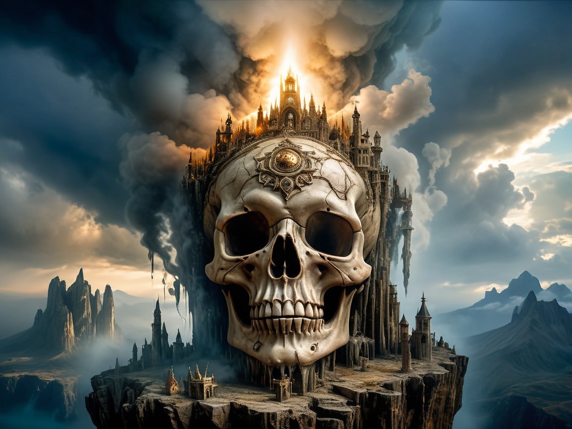Surreal landscape with colossal skull and gothic castle
