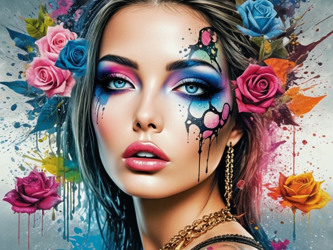 Portrait of a woman with vibrant makeup and roses