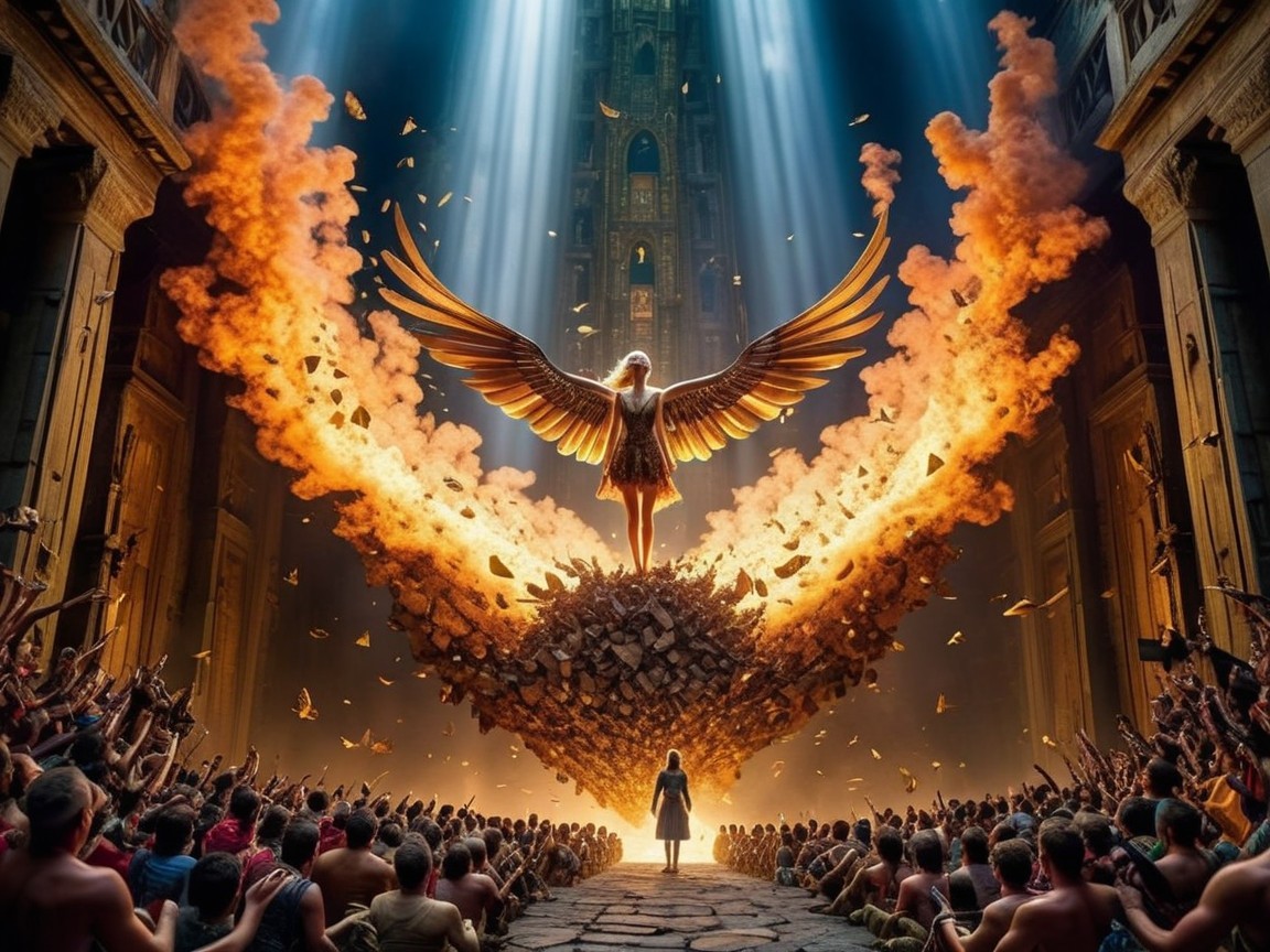 Majestic figure with wings in fiery explosion scene