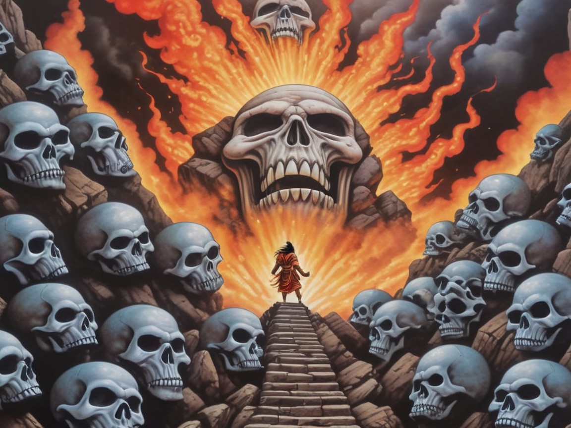 Dramatic Scene of Figure and Colossal Flaming Skull