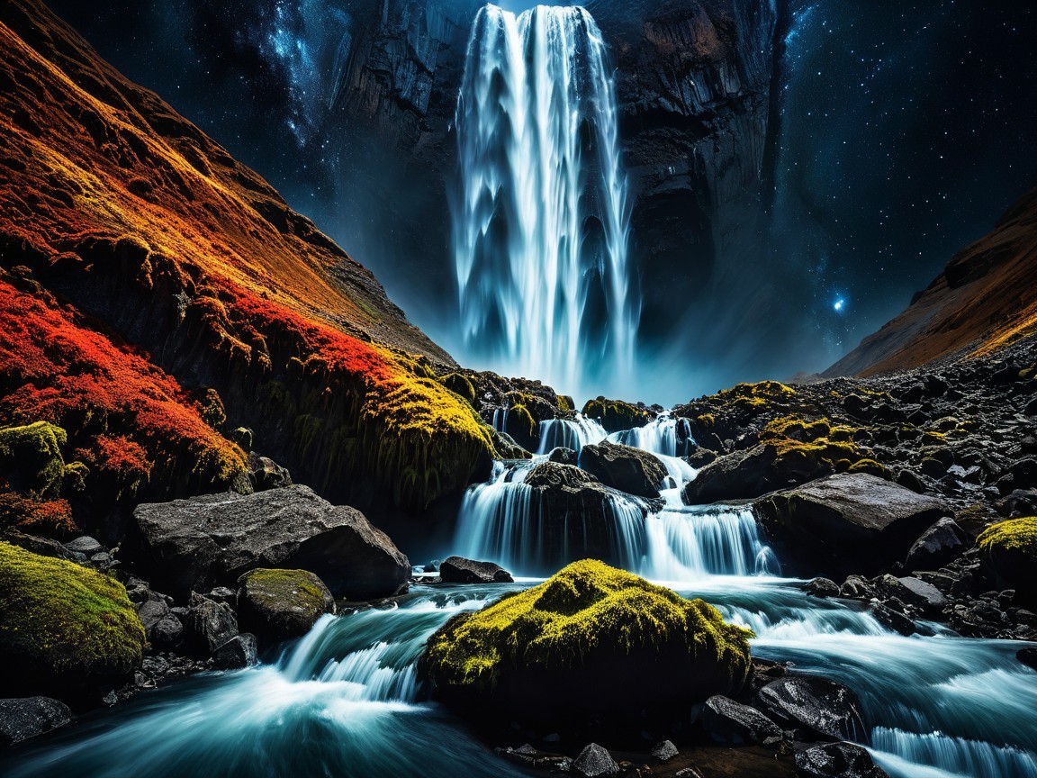 Waterfall Surrounded by Foliage and Starry Sky