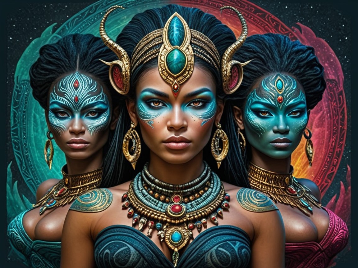 Mystical Figures with Jewelry and Vibrant Face Paint
