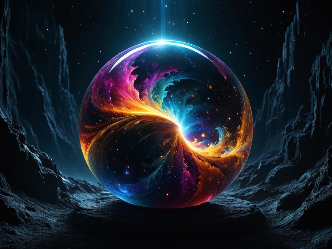 Cosmic Orb in Dark Rocky Landscape with Swirling Colors