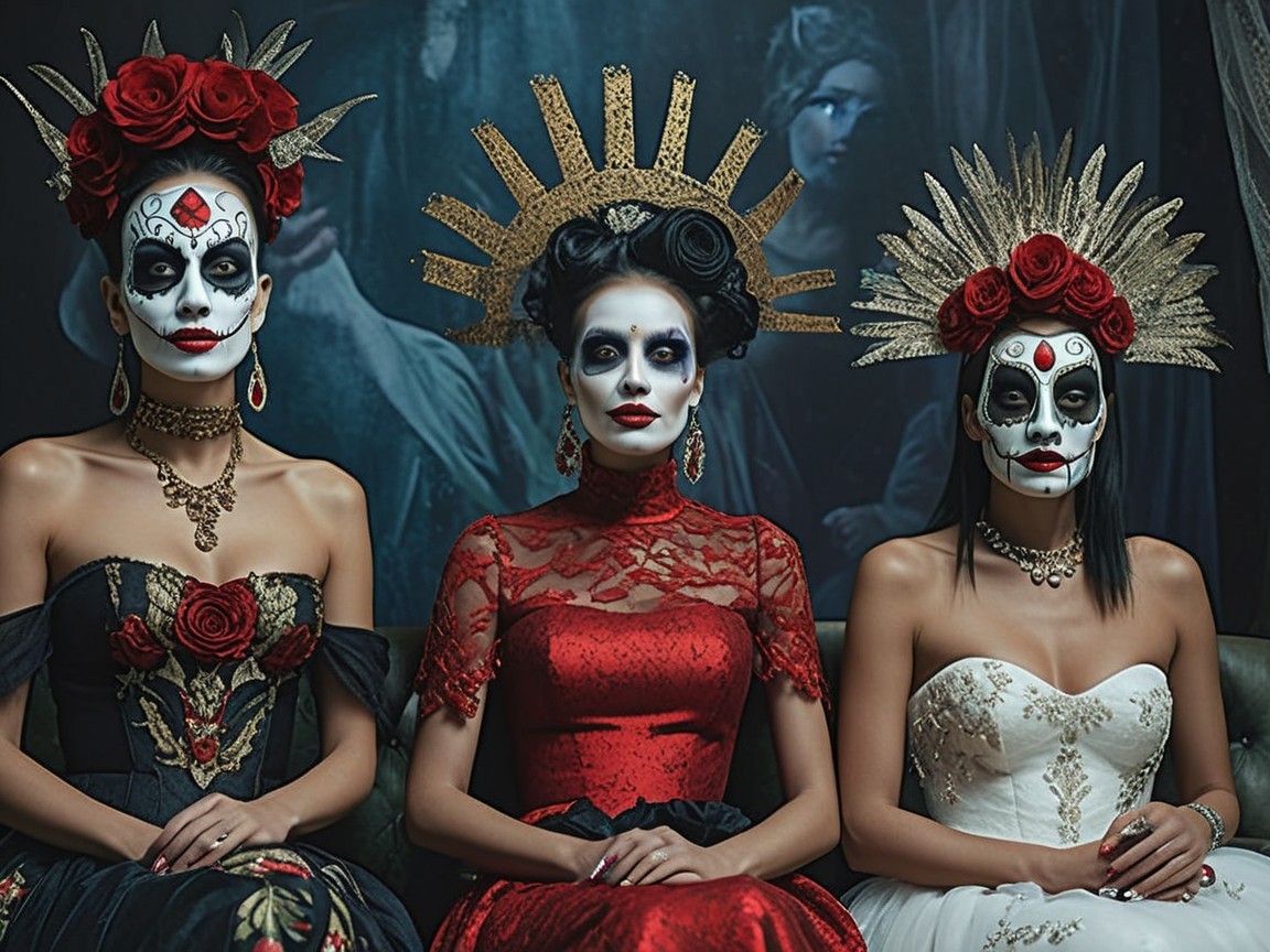 Elegant Women in Sugar Skull Makeup and Vibrant Dresses