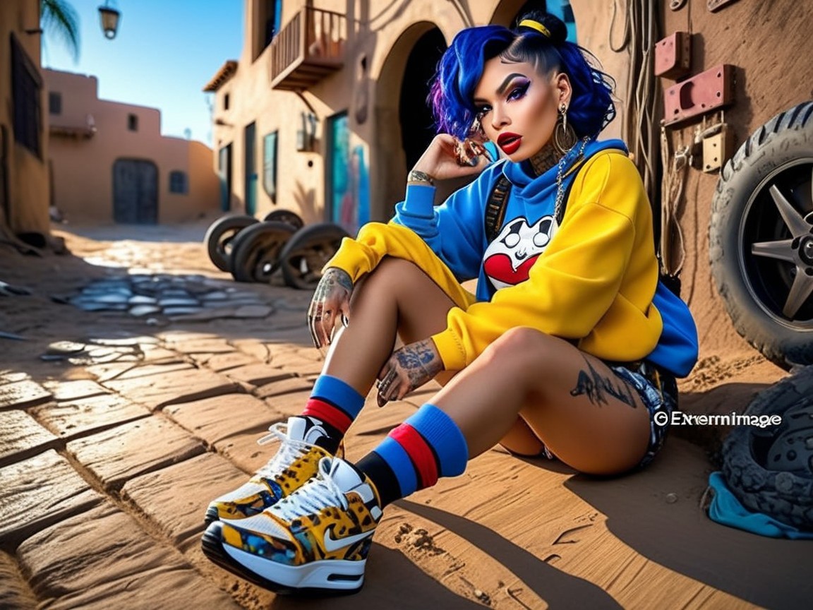 Stylish Individual in Sunlit Alley with Vibrant Hair