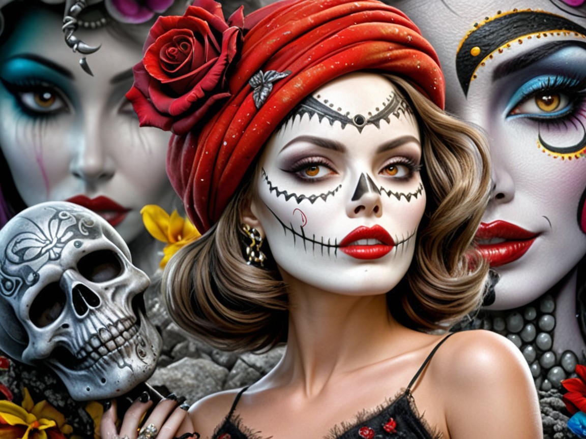 Vibrant Woman in Day of the Dead Makeup and Turban
