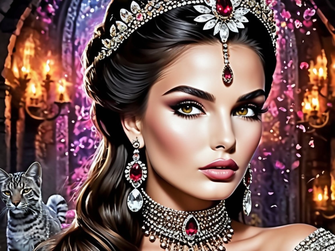 Elegant portrait of a woman with jewelry and cat