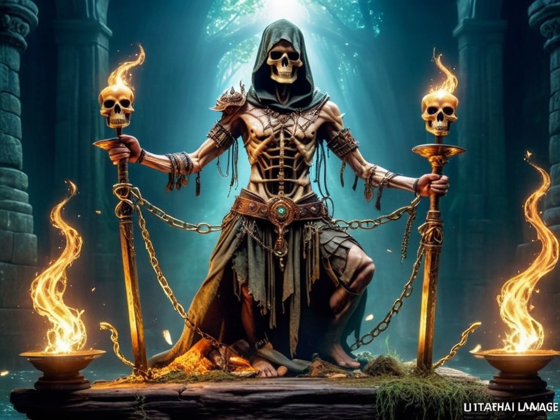 Skeletal Figure in Dark Robes Surrounded by Flames