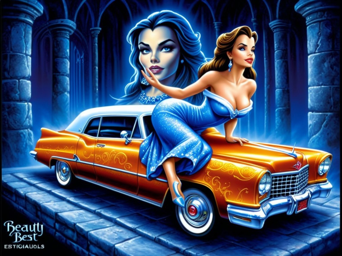 Woman in Blue Dress on Vintage Car in Gothic Setting