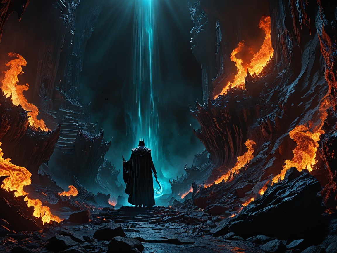 Mysterious Figure in Fiery Cavern with Glowing Lava