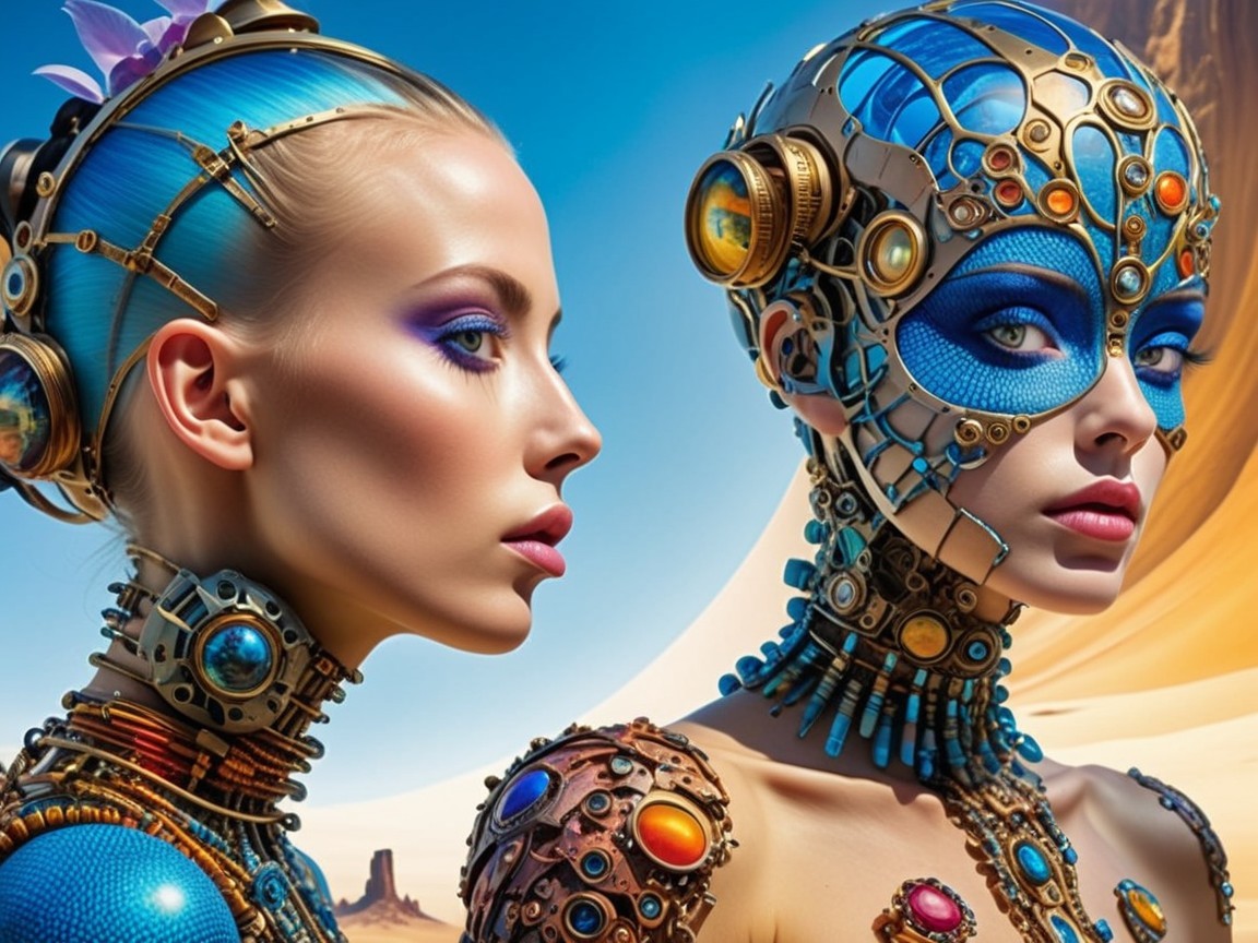 Futuristic Figures in Surreal Desert Landscape