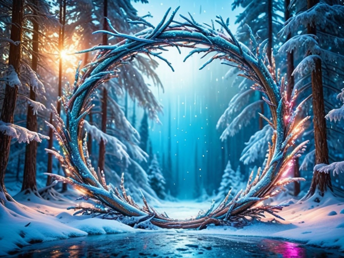 Vibrant Winter Woodland Scene with Icy Bramble Archway