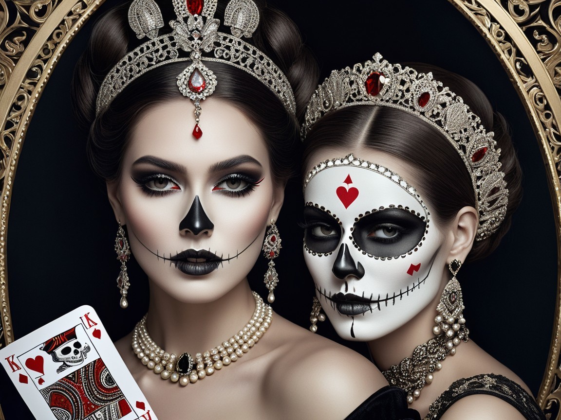 Elegant Women in Gothic Setting with Skull Makeup