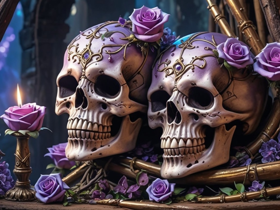 Intricate skulls with roses and golden accents in decor
