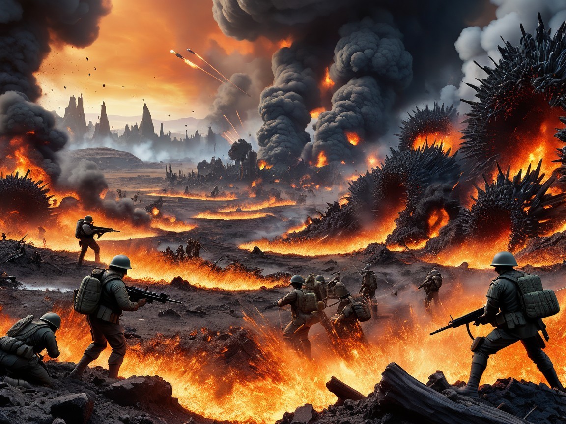 Soldiers Battle Monstrous Creatures in Volcanic Chaos