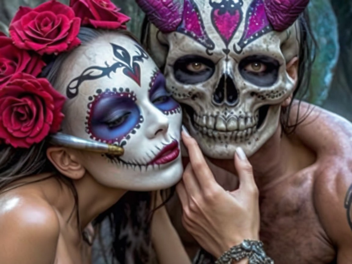 Day of the Dead Makeup with Floral Headpiece and Mask