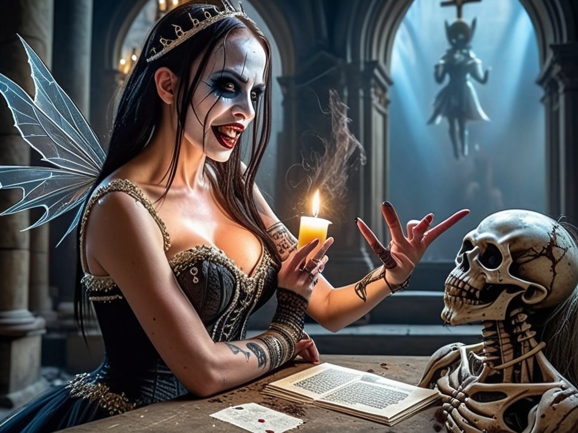 Gothic Scene of Woman with Fairy Wings and Skeleton