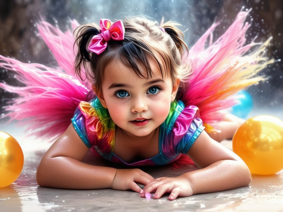 Young girl in rainbow costume among colorful balloons
