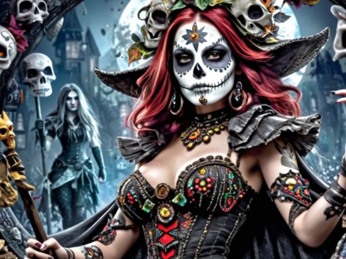 Character in Intricate Attire with Sugar Skull Face