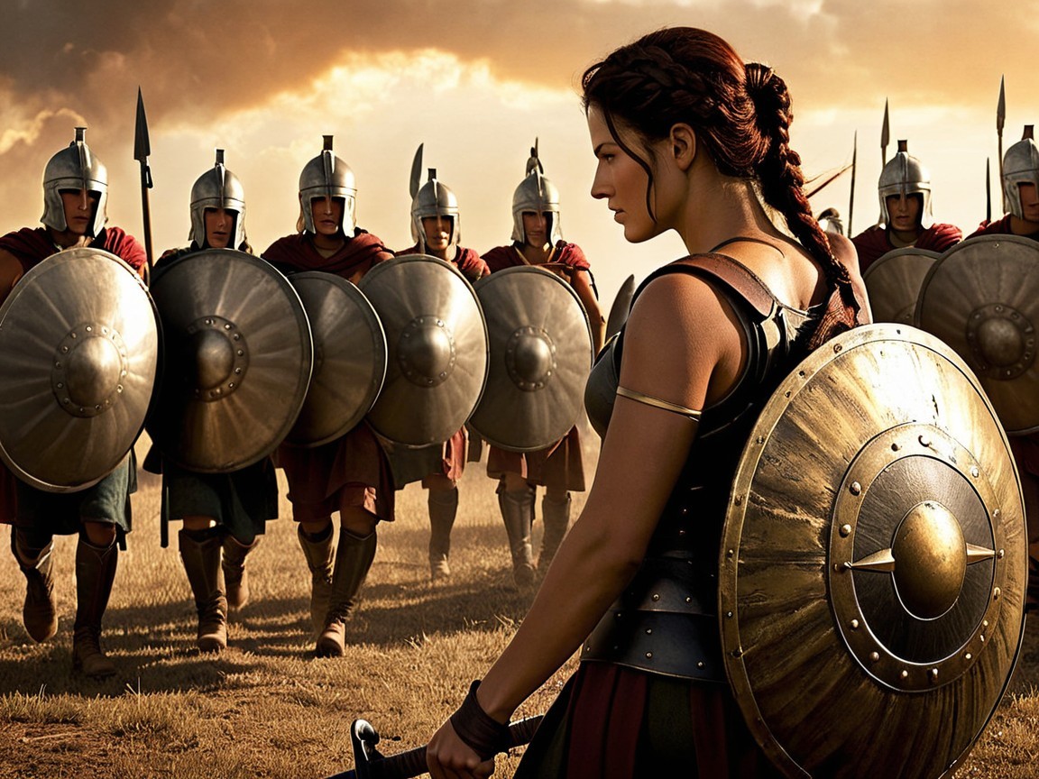 Fierce Warrior Woman with Armored Soldiers in Battle Scene