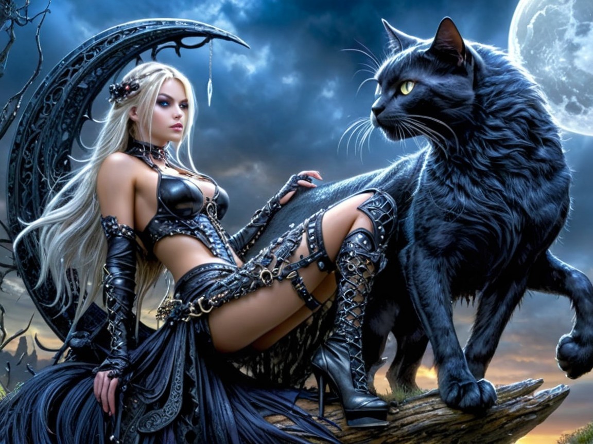 Mystical Woman and Black Cat in Moonlit Scene