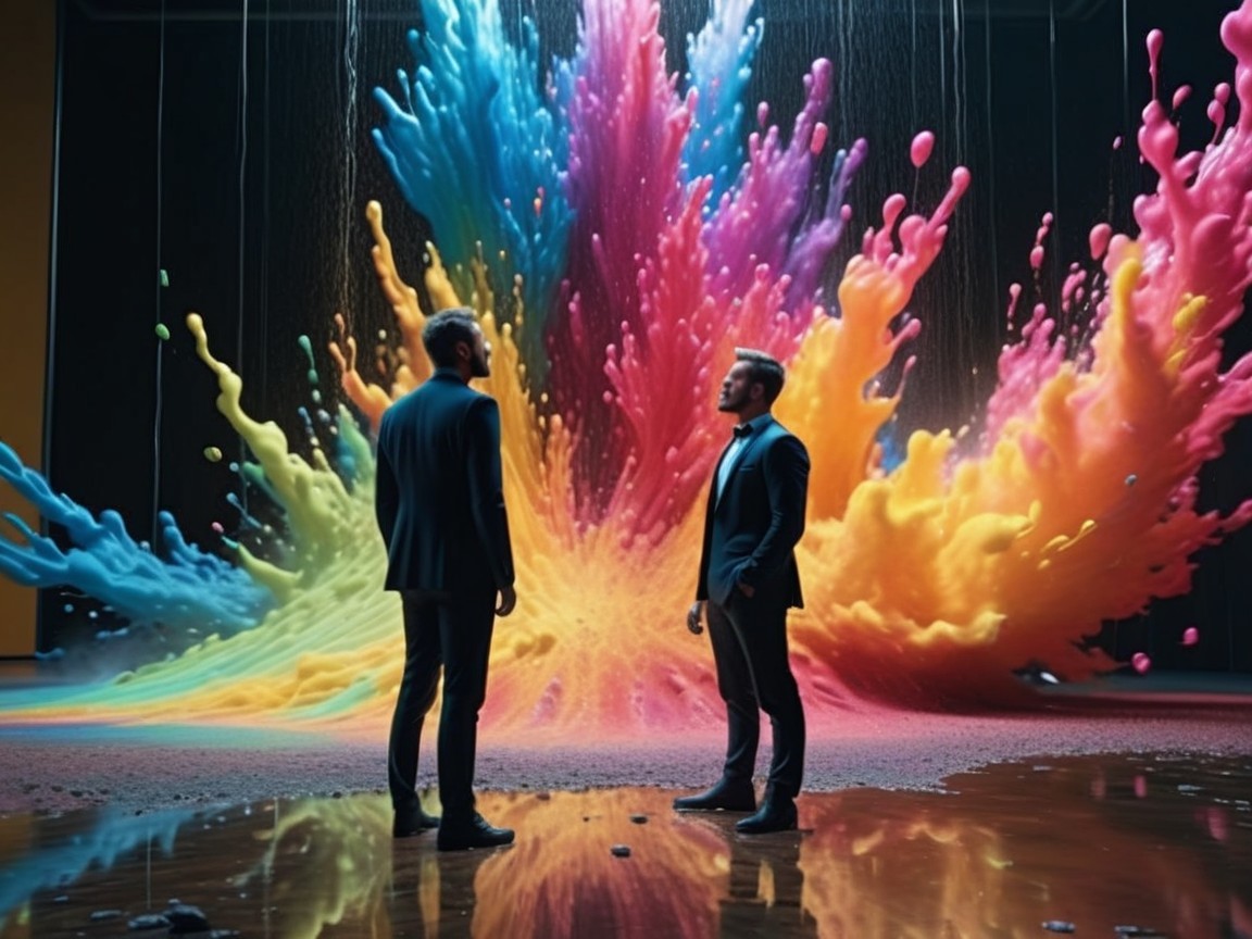 Men in Suits on Wet Floor with Colorful Backdrop