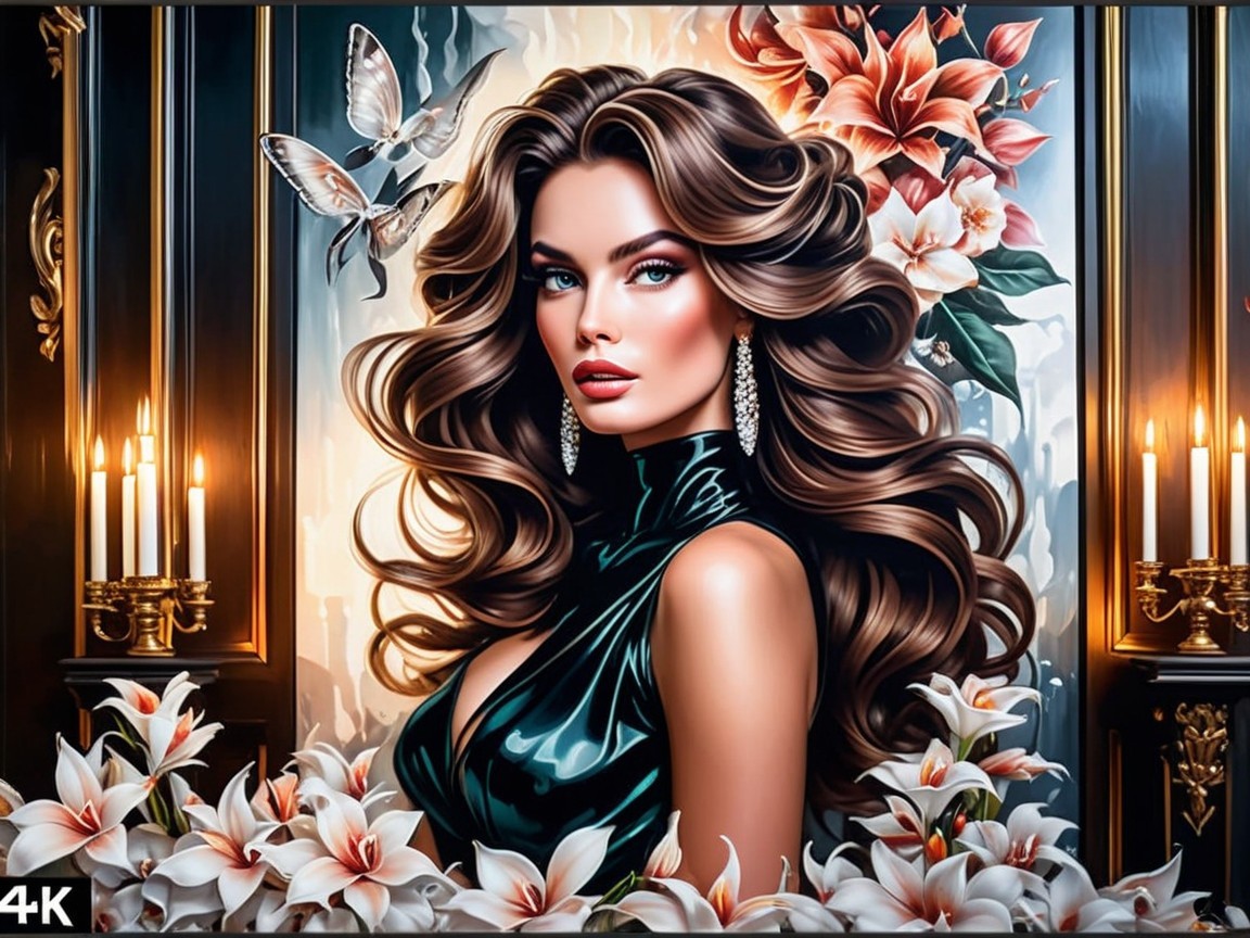 Glamorous Woman Portrait with Lilies and Butterflies