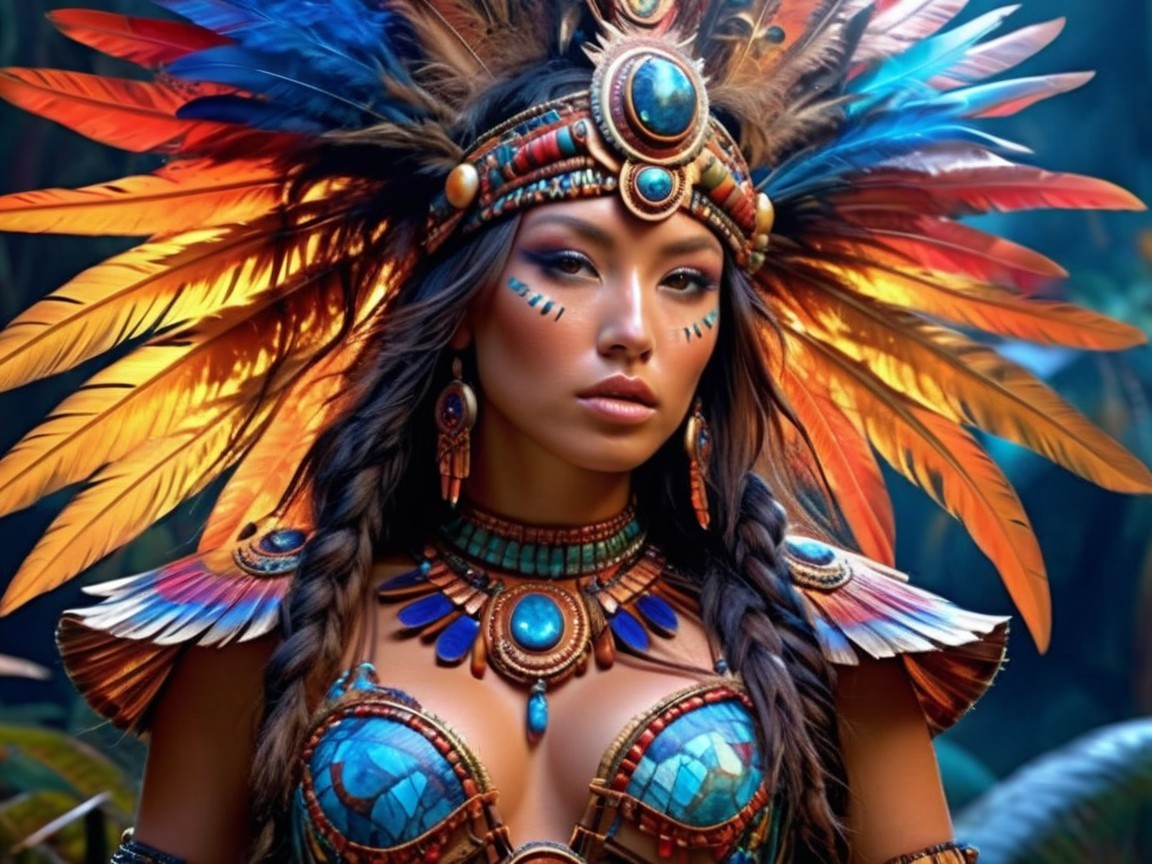Portrait of a Woman in Feathered Headgear and Jewelry