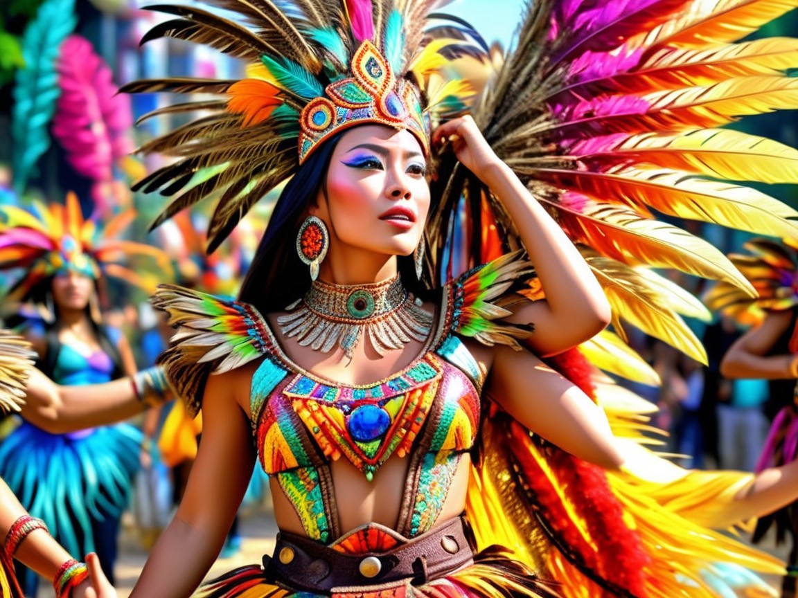 Vibrant Parade with Colorful Dancer in Feather Costume