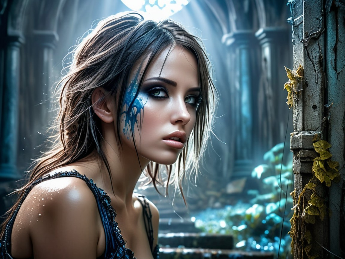 Young woman in mystical setting with tribal face tattoo