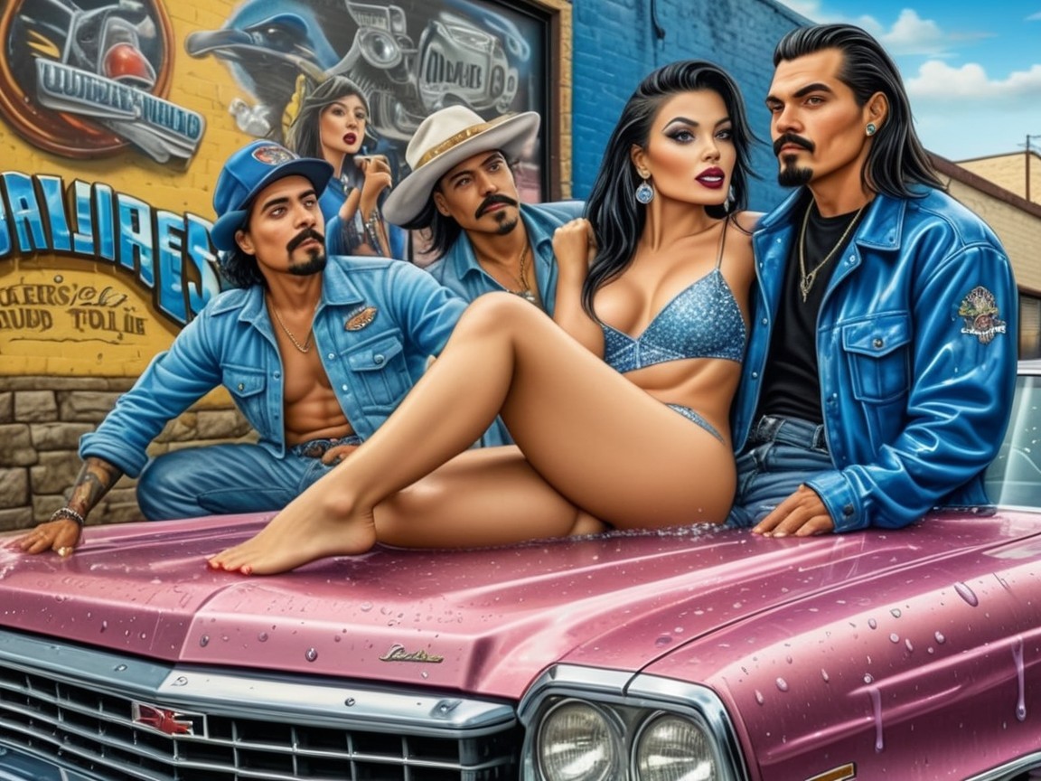 Group Posing in Front of Blue Storefront and Mural