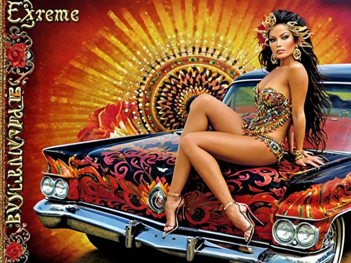 Glamorous Woman on Vintage Car with Colorful Outfit
