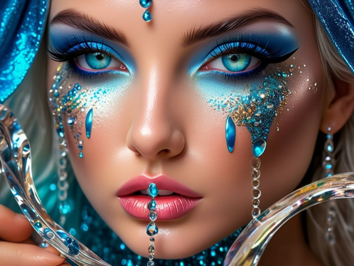 Close-up of a woman with blue eyes and dramatic makeup