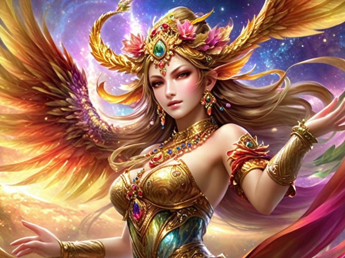 Majestic goddess in golden armor with feathered wings