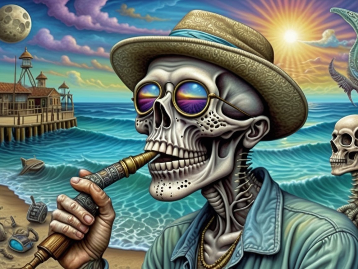 Surreal Beach Scene with Skeletons and Turquoise Waves